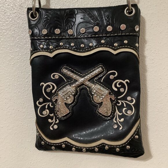 Retro Western Cowgirl Cowboy Pistol Southwestern Black Crossbody Bag Purse - Picture 2 of 10